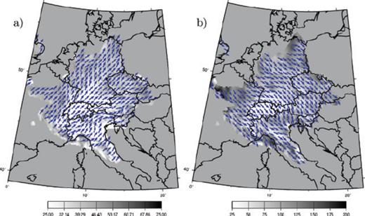 (a) Azimuth for which the resolution length of the 5 s Rayleigh group velocity map is the shortest. The color scale indicates the value of the resolution length for this direction. (b) idem for the direction where the resolution length is the larger.