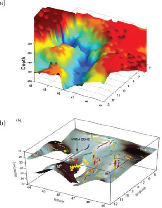 3-D view of the Moho depth a) from our results b) From Waldhauser et al. (1998).