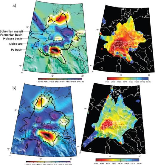 Group velocity maps (left) and the resolution length (right) at (a) 5 s and (b) 16 s. On the resolution maps we show only the area where we have at least 10 paths per cell.