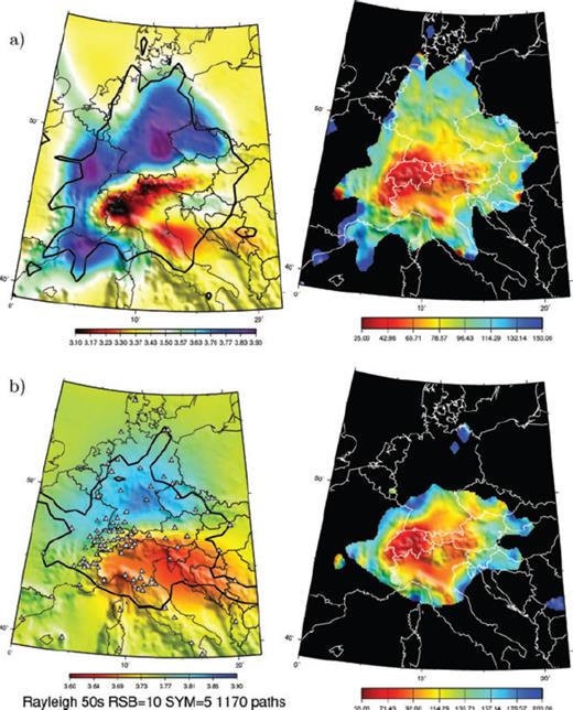 A2 Group velocity maps (left) and the resolution length (right) at (a) 35 s and (b) 50 s. On the resolution maps we show only the area where we have at least 10 paths per cell.
