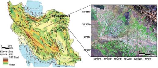 (a) Location of the Neyshabour plain in Iran, (b) LANDSAT 7 ETM+ colour composite image (R:7, G:4, B:2) of the Neyshabour plain.
