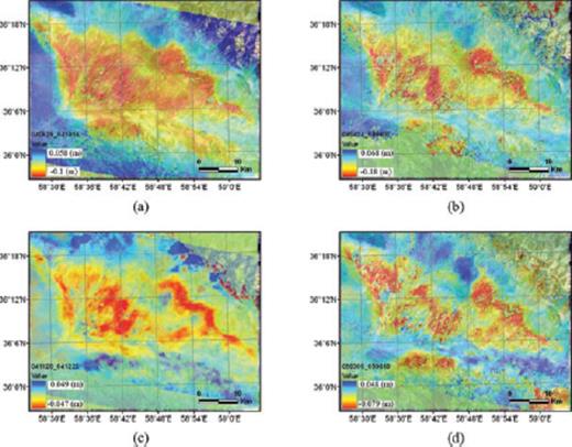 Unwrapped interferograms of subsidence in Neyshabour superimposed on the LANDSAT ETM+ image. Time intervals covered by the interferograms are: (a) 2004/05/29 to 2004/10/16; (b) 2004/04/24 to 2004/08/07; (c) 2004/11/20 to 2004/12/25 and (d) 2005/03/05 to 2005/06/18.
