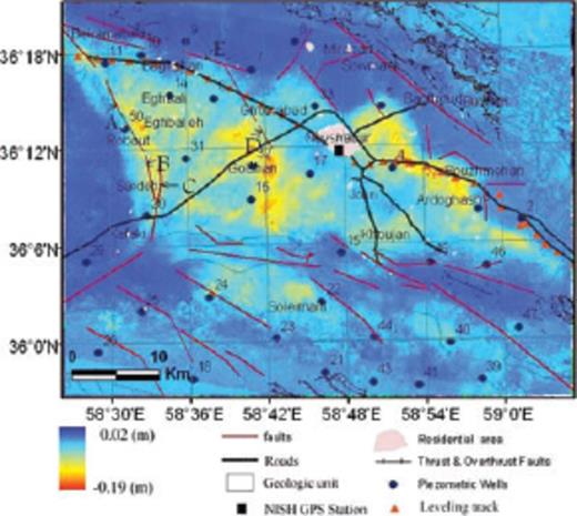 Mean displacement velocity map superimposed on the shaded relief extracted from the SRTM DEM. Yellow to red colours represent subsidence.