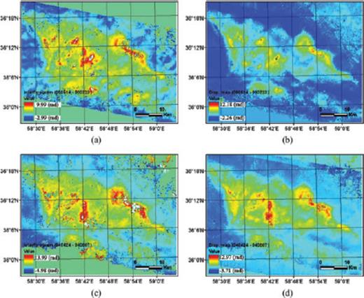 Comparison of the interferograms and displacement maps generated from the time-series results. (a) Interferogram (2005/05/14 to 2005/07/23) involving atmospheric artefacts, (b) displacement map (2005/05/14 to 2005/07/23) with mitigated atmospheric artefact, (c) interferogram (2004/04/24 to 2004/08/07) involving atmospheric artefacts and (d) displacement map (2004/04/24 to 2004/08/07) with mitigated atmospheric artefact.