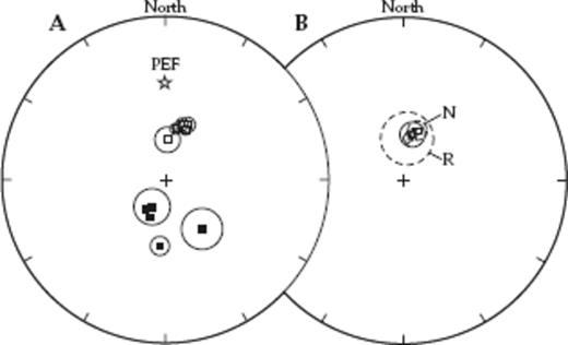 (a) Lower hemisphere equal area stereographic projection plot of site mean remanence directions isolated in the sills together with the 95 per cent cone of confidence. (b) The means of the normal (N, □) and reversed (R, ◊; here with polarity inverted to normal) site means are shown with hatched cones of confidence and the formation mean is shown with full drawn cone of confidence. Open (closed) symbols denote negative (positive) inclinations. PEF is the expected direction of the present dipole field.
