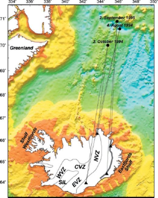 Examples of near distance earthquakes on the Kolbeinsey ridge and the Jan Mayen fracture zone, and their great circle paths to a subset of stations in the ICEMELT network (triangles). Segments of the neovolcanic rift zone are the West Volcanic Zone (WVZ), the East Volcanic Zone (EVZ), the Central Volcanic Zone (CVZ) and the North Volcanic Zone (NVZ). An unconformity is labeled with a dark grey line in East Iceland. Notice how it has a similar orientation to the east segments of the neovolcanic rift zone. Seafloor topography by Smith & Sandwell (1997).