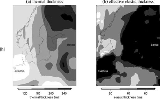 (a) Thermal thickness of the lithosphere (from Artemieva 2006) and (b) effective elastic thickness from Pérez-Gussinyé. & Watts (2005).
