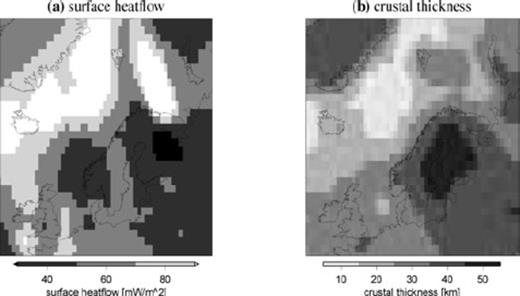 Surface heatflow (a) and crustal thickness (b) in Northern Europe. In (a), surface heatflow values are from Pollack et al. (1993), with an update for continental Europe by Artemieva & Mooney (2001). In (b), crustal thickness values are from CRUST2.0. The data sets are discretized to five levels and interpolated to a 1°× 1° grid.