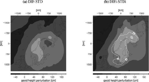 Geoid height perturbations due to diffusion creep in the shallow upper mantle for the RSES ice-load history (DIF-STD, a) and the ICE-5G ice-load history (DIFi-STDi, b). In (b), the area within the contour is robust to changes in the ice-load history with a standard deviation (of predictions DIF-STD and DIFi-STDi) smaller than 20 cm and a mean larger than 40 cm.