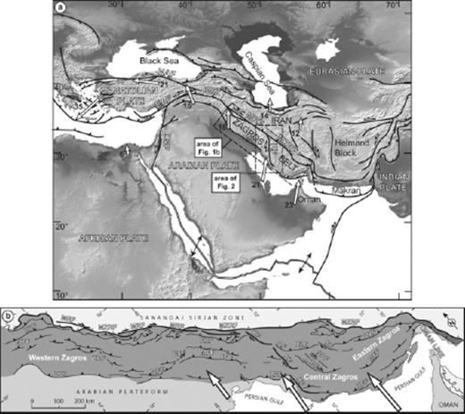 (a) Structural frame of the Middle East Alpine collision belt. White arrows indicate velocity vectors with respect to stable Eurasia (Reilinger et al. 1997; Vernant et al. 2004a). Velocities are given in mm yr−1. BSZ, Bitlis Suture Zone; DSF, Dead Sea fault; EAF, East Anatolian fault; KF, Kazerun fault; MRF, Main Recent fault; MZRF, Main Zagros reverse fault; NAF, North Anatolian fault. (b) Structural map of the Zagros fold-and-thrust belt (after Berberian 1995). Computed shortening rates across the belt (Vernant et al. 2004a) are shown. AF, Ardakan fault; BF, Balarud fault; HZF, High Zagros fault, IF, Izeh fault; KhF, Khanaqin fault; KBF, Kareh Bas fault; MFF, Main Frontal fault; SF, Sarvestan fault; SPF, Sabz Pushan fault; ZFF, Zagros Frontal fault (Stöcklin 1968; Falcon 1974).