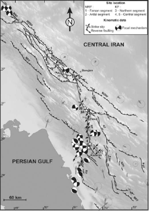 Traces of major active faults in the Central Zagros superimposed on the GTOPO 30 digital elevation model. Stars designate study sites. See Fig. 1 for fault nomenclature. Grey arrows indicate the GPS velocities with respect to Central Iran with their confidence ellipses (Tavakoli et al. 2008). Focal mechanisms are from the Havard catalogue (http://www.globalcmt.org/CMTsearch.html) and fault slip data inversion results from Authemayou et al. (2006).