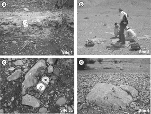 Views of the geomorphic surfaces sampled for 36Cl dating. (a) Pebbles cemented by the calcrete topping the fan deposits at site 1 (g on Fig. 4b). (b) View of sampled indurated surface of the eastern fan at site 2 (h on Fig. 6a). (c) View of a pebble sampled on the fan-terrace surface at site 3a (q on Fig. 7a). (d) View of a boulder sampled on the fan surface at site 4 (× on Fig. 11a).