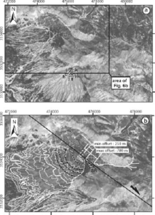 Morphotectonics of site 2 on the Ardal segment of the MRF. (a) 5-m resolution SPOT image showing the two studied alluvial fans (coordinate system is in WGS 1984 UTM zone 39N). Dots and letters refer to geochronological samples (Table 1). (b) 5-m resolution SPOT image focused on the western alluvial fan (grey surface). White line shows the source river valley of the alluvial fan. White dashed line shows today's downstream segment of the feeder valley. Concentric arcs fitting the fan's contours and their centres are represented by dotted black lines and white dots, respectively. SR, Shuttle ridge.