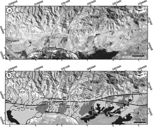 Morphotectonics of site 5 along the central segment of the Kazerun fault. (a) 5-m resolution SPOT satellite image (coordinate system is in WGS 1984 UTM zone 39N). (b) Quaternary geology and fault traces (black lines) of area mapped in (a). Early pediment deposits are shown in light grey and the younger alluvial fans in dark grey. White numbers refer to the offsets used to determine slip rates on Fig. 12. Younger alluvial terraces are in black. White dots and thin black lines indicate the apexes of the second-generation fans and their upstream valleys, respectively. These were extracted manually from the SPOT image and the topographic map with an error of 5 m, reflecting the resolution of SPOT image. The error in the offset measurement is 10 m. It is estimated as the cumulative uncertainty on the locations of the two points used to measure the offset along the fault. Measured geomorphic offsets are in metres.