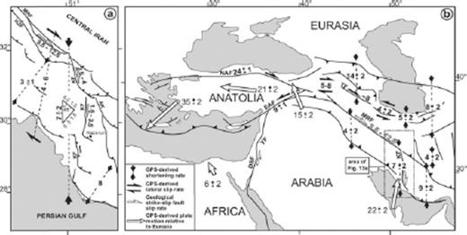 (a) Active deformation and slip rates (in mm yr−1) in the Central part of the Zagros fold-and-thrust belt. Slip rates on the Main Recent Fault and Kazerun Fault are from the present study. (b) Active deformation and slip rates of the major faults of the Middle-East region. Lateral fault slip rates are either deduced from GPS data, late Quaternary dated offsets or long-term geological offsets (sources: Reilinger et al. 1997; McClusky et al. 2000; McClusky et al. 2003; Vernant et al. 2004a, b; Masson et al. 2006; Walpersdorf et al. 2006). Fault abbreviations: AK, Ardakan Fault; DSF, Dead Sea Fault; EAF, East Anatolian Fault; HZF, High Zagros Fault; KF, Kazerun Fault; MRF, Main Recent Fault; NAF, North Anatolian Fault; TF, Tabriz Fault; YF, Yammôuneh Fault.