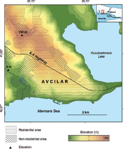 Map of the Avcilar district of the Istanbul metropolis, showing topographic elevation (colours), residential areas (parallel hachure), non-residential areas (crossed hachure) and the E-5 highway (black line). Most of the buildings damaged in the 1999 earthquake are located between the highway and the coastline (Tezcan et al. 2002). Inset shows the trace of the North Anatolian Fault (NAF) and the outline of the study area (small rectangle).