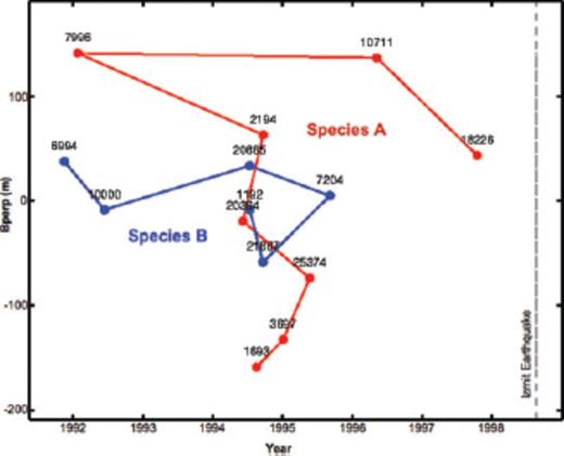 Orbital separation versus time for the radar images analysed in this study, showing the 14 individual images (epochs) as points. The interferometric pairs considered here are shown as line segments connecting the points. The pairs fall into two distinct species, labelled A (blue) and B (red). The horizontal coordinate displays the acquisition date (epoch) of each image in decimal years. The vertical coordinate shows the orbital separation or perpendicular component of the ‘baseline’ vector between the positions of the radar sensor at the acquisition epoch. For a single image, the orbital separation is calculated with respect to a virtual centroid trajectory. The dashed line shows the date of the M 7.4 1999 August 17 Izmit earthquake.