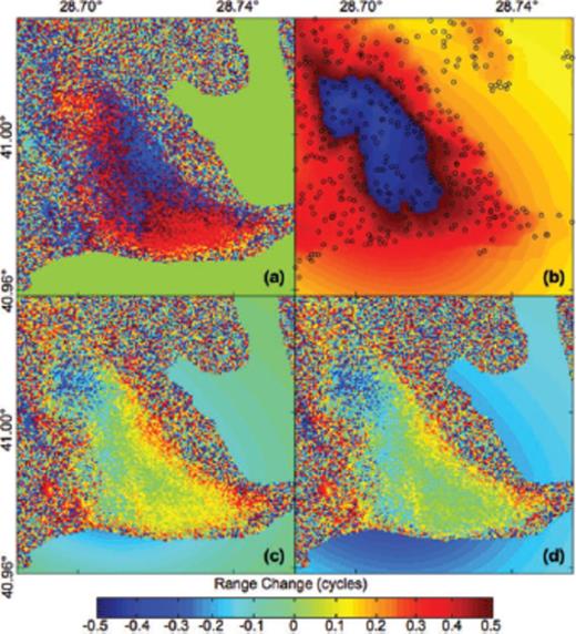 Interferograms for the pair spanning the time interval between 1997.35 (orbit +10711), and 1998.79 (orbit +18226). The panels show: (a) observed fringe pattern. (b) Simulated fringes calculated from the final estimate of model parameters. The dots are PS pixels used for calculating the final estimates. (c) Wrapped residual fringes formed by subtracting the simulated fringes calculated from the initial estimate of the model parameters from the observed fringe pattern. (d) Wrapped residual fringes formed by subtracting the simulated fringes calculated from the final estimate of the model parameters from the observed fringe pattern. Note that the final residuals in the middle of the rounded triangle have a range of ±0.1 cycles for the time interval of 1.44 yr. One coloured fringe corresponds to one cycle of phase change or 28 mm of range change.