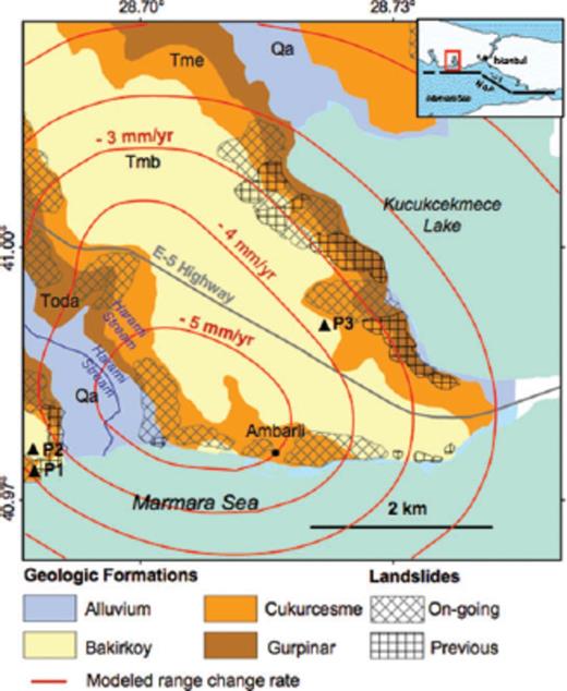 Interpretive map of the Avcilar district, showing four geologic units (colours) (Duman et al. 2004; Alparslan et al. 2006), rates of range change rate as in Fig. 8 (contours with values in mm yr−1), locations of ongoing (cross-hachure) and previous (simple hachure) landslides (Duman et al. 2004; Alparslan et al. 2006).