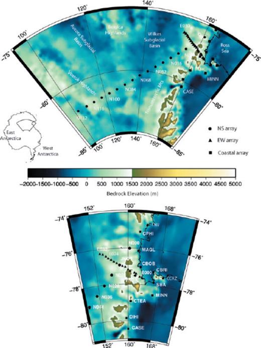 Locations of the TAMSEIS broad-band seismic stations plotted on a map of subglacial bedrock topography (Lythe & Vaughan 2001).