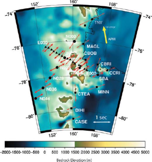 Splitting results in the Trans-Antarctic Mountains and Ross Island region. Azimuth of the vectors denotes the fast direction from the stacked results, and the length of the vector is proportional to the splitting time, with the scale given at the lower right. Thin vectors represent B quality results and thick vectors represent A quality results. The large yellow vector represents the direction of the absolute plate motion.