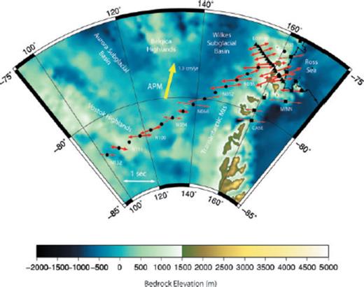 Splitting results across East Antarctica. Thin vectors represent B quality results and thick vectors represent A quality results. The large yellow vector represents the direction of the absolute plate motion.