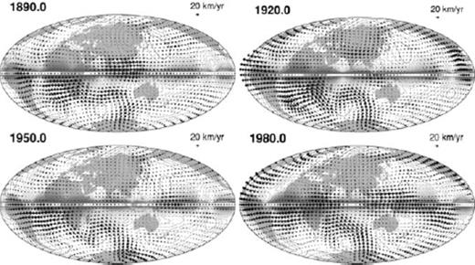 Maps of the Optimal model vPH at epochs 1890.0, 1920.0, 1950.0 and 1980.0.