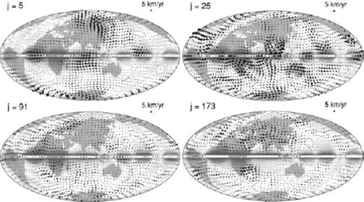 Maps of the scaled TG flow eigenfunctions αjVj(j = 5, 25, 91 and 173) for the Optimal model vPH at 1980.0, each satisfying the TG condition (3). Contours of ζ (= Br/cos θ) are also plotted.