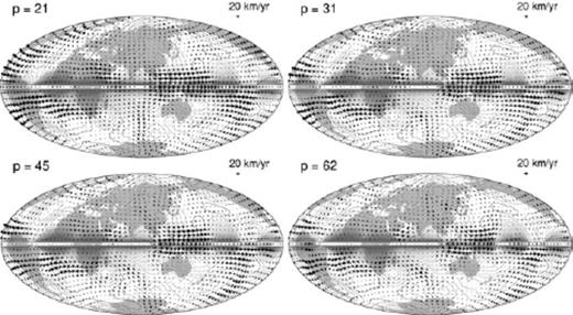 Maps of the extended ineligible TG flows extracted from the Optimal model vPH at 1980.0, with respect to the reduced rank p = 21, 31, 45 and 62. Contours of ζ (= Br/cos θ) are also plotted.