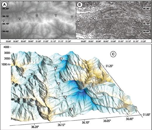 The Taleghan fault in the morphology (triangles point out the counter-slope scarp observed all along the fault). (a) Shaded topographic map. (b) Topographic map with 100-m contour levels. (c) 3-D view of a digital elevation model of the eastern part of the Taleghan fault (from the digitized topographic map of Asara 1:50 000).