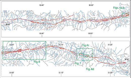 (a) Map of the morphotectonics features observed along the Taleghan fault from stereoanalysis of air photos: black lines (crest lines), blue lines (drainage) and red lines (fault scarps). Rectangles enclose areas shown in the following figures.