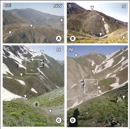 Field pictures of the fault scarps along the Taleghan fault (see Fig. 3 for location). Triangles indicate the main fault rupture. Panels (a) and (b) show the fault zone within its central part. Panels (c) and (d) show the fault within its eastern part. Note the southern dip of the main rupture (people circled for scaling the pictures).