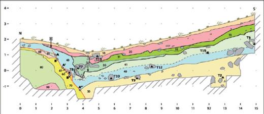 Log of the eastern wall of the trench T2 opened on the eastern part of the Taleghan fault. Unit 10: Dark brown modern organic soil; unit 20: unstratified, light brown-to-grey colluviums with silty-sandy matrix, 50% clasts (3 mm–5 cm), with big cobbles at the base; unit 30: sorted, unstratified light brown colluviums with silty-clayey matrix, 30% clasts (5 mm–7 cm), a few cobbles (>25 cm) at the base; unit 40: unstratified brown colluviums with silty matrix, 10% clasts (5 mm–7 cm), a few big cobbles (>25 cm) at the base; unit 41: unstratified, brown colluviums with silty matrix, 50% clasts (1 cm–4 cm); unit 50: unit mixing reddish brown silty muddy colluviums with green argillaceous rocks, 60% clasts (1 cm–7 cm), a few cobbles (>15 cm); unit 60: greenish-brownish gouge zone made of clayey material; unit 70: beige-to-white volcano-sedimentary rocks (Eocene Karaj Formation); unit 80: greenish-brownish gouge zone made of clayey material; unit 90: yellowish brown volcano-sedimentary rocks (Karaj Formation); black thick lines and arrows with “e” indicate the event horizons.