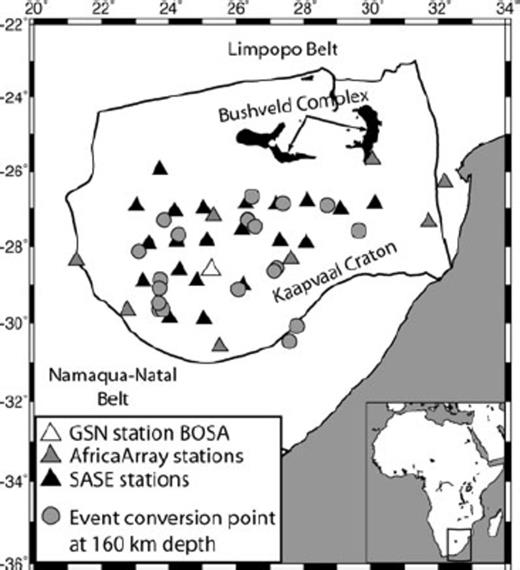 Stations from the SASE (black triangles) and AfricaArray (grey triangles) networks, along with GSN station BOSA (white triangle), used in this study. Grey circles show conversion points at 160 km depth from events meeting the SRF criteria. Bold lines outline the boundaries of labelled tectonic terranes.