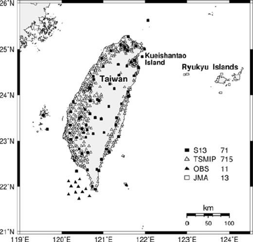 Distributions of the permanent CWBSN and TSMIP stations and the JMA and OBS stations.