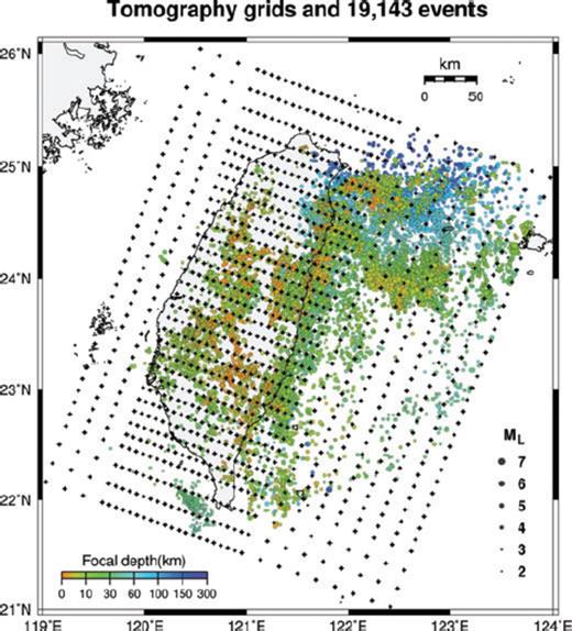 A horizontal slice of the model gridpoints (crosses) and the epicentres (circles) of the earthquakes used in tomographic inversions. Different colours represent different source depths.