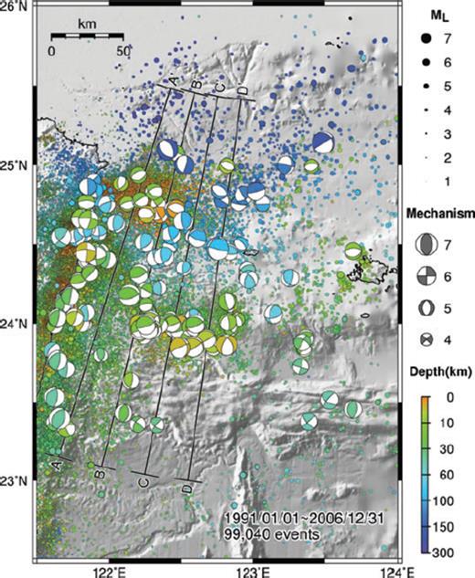 Distribution of the relocated earthquakes (small circles) in northeastern Taiwan and the focal mechanisms (beachballs) for events of magnitude 4.5 and above.