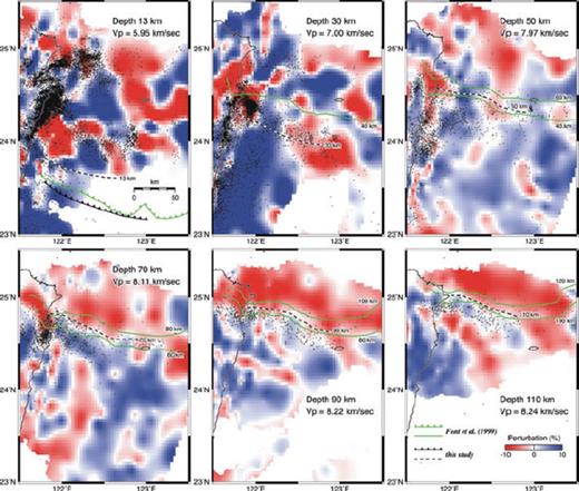 VP perturbations at different depths in our tomography model and the subducting slab depth-contour lines by Font et al. (1999). Also drawn are lines separating high and low VP areas in our model (see text for more discussion).