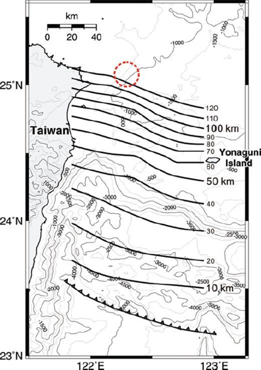 A structural contour map for the top of the northward subducting slab of the Philippine Sea Plate. The contour is made on the basis of the boundary between the higher VP zone and the lower VP area above it. Numbers represent depth below the surface. The red circle represents the surface projection of the high VP/VS body along profile A-A′ in Fig. 5. Bathymetry contour intervals are 500 m.