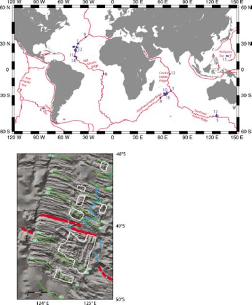 (Top panel) Location of known OCCs (blue dot) illustrates their predominant occurrence on slow-spreading Atlantic and Southwest Indian Ridge flanks. Numbers are keyed to OCC study and reference as listed in Table 1. Occurrence on intermediate-spread crust is indicated on the Chile Rise, the SEIR, and in the Philippine Sea. (Bottom panel) Illuminated seafloor morphology shows concentration of OCC within part of the AAD (corrugated seafloor enclosed by white line) and contrast with more typical lineated abyssal hill morphology (from Okino et al. 2004). Red line shows spreading axis; blue line marks (palaeo)offsets in the axis; green lines show magnetic anomalies.