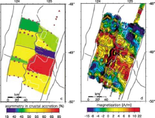 Asymmetries in accretion for a segment in the AAD where several OCC formed over the past 4 Ma (from Okino et al. 2004). (Left-hand panel) Half spreading rates determined from measured interval between magnetic anomaly picks. White dotted lines outline OCC within the eastern portion of the segment. (Right-hand panel) Crustal magnetization solution assuming a 500-m-thick source layer.