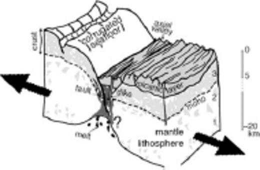 Sketch illustrating how detachment faulting and OCC development might lead to asymmetric crustal accretion (modified from Cannat et al. 2006). In this scenario, when the detachment fault is active the bulk of the volcanic extrusives are incorporated onto the outside corner lithosphere as it spreads from the axis. As an OCC develops, gabbroic crust, perhaps mixed with and/or surrounded by lenses of mantle peridotite, is unroofed by the detachment on the inside corner. Here Moho is inferred to be coincident with the crust/mantle boundary but other models suggest that alteration within lithosphere that is dominantly mantle peridotite could give rise to the seismic discontinuity.