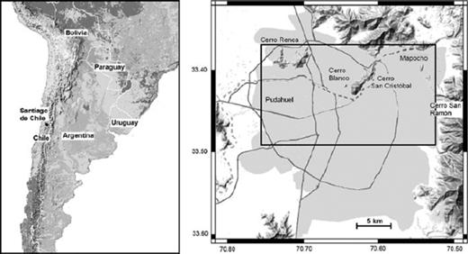 Location of Santiago de Chile (left-hand panel). Basin of Santiago (right-hand panel). Areas of high housing density are toned. Major highways are marked by dark grey lines. The dashed line is the Mapocho River. Locations mentioned in the text are indicated. The area of investigation is marked by the black rectangle.