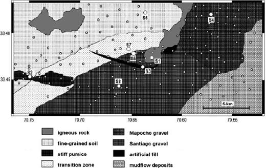Simplified map of surface geology of the investigated area. Large spots indicate the locations of the installed seismic stations (see also Table 1). Small spots show sites where measurements of ambient seismic noise have been carried out.