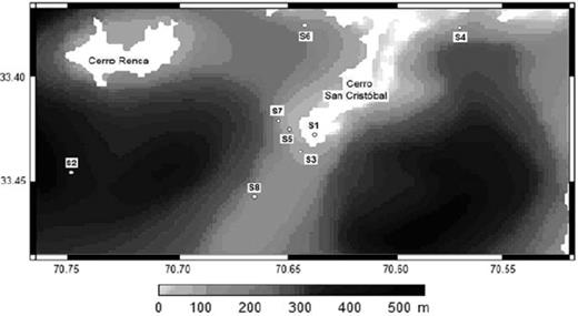 Thickness of the sedimentary cover of the investigated area as determined by interpolation of gravimetric data (Araneda et al. 2000). White areas can be identified as the hills Cerro Renca and Cerro San Cristóbal. Locations of the installed seismic stations are indicated.