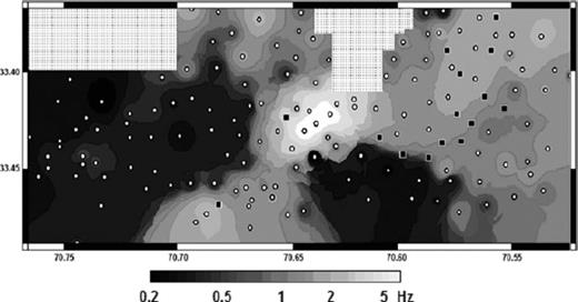 Map of the fundamental resonance frequency of the investigated area. Spots indicate sites where measurements of ambient seismic noise were carried out. Black squares indicate flat NHV recordings: these values have not been considered for mapping the fundamental frequency. In the hatched area, no measurements were carried out, hence results are only due to interpolation and therefore masked.