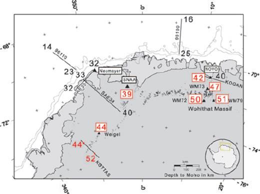Crustal thicknesses within Dronning Maud Land. An increasing crustal thickness from coast to inland are observable with thickened crust underneath the orogens of Wohlthat Massif and Kottas. New determined crustal thicknesses retrieved from receiver functions are red and surrounded by a red box. Some new Moho depths of the KOTTAS profile are signed in red. Black values are crustal thicknesses from previous refraction studies of Kogan (1992) (denoted as KOGAN), Kudryavtzek et al. (1991) (profiles SAE34, SAE33) and Jokat et al. (2004) (profiles 96110, 96100).