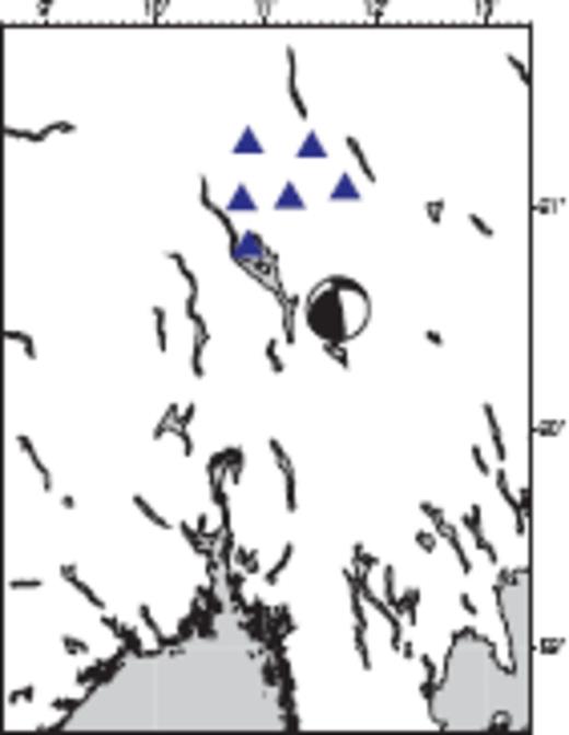 Location of the Flisa earthquake and the six used stations of the NORSAR array.