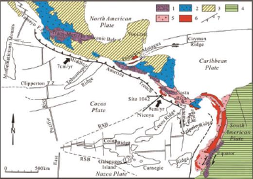 Tectonic setting of the Central America convergent margin (after Azéma et al. (1985)): (1) Pliocene and Pleistocene volcanism; (2) Oligocene and Miocene volcanism; (3) North America plate; (4) South America plate; (5) Cenozoic formations of ophiolitic Andes and southern Central America; (6) Mesozoic and Cenozoic ophiolitic complex; (7) Subduction zone. RSB: rough-smooth boundary.