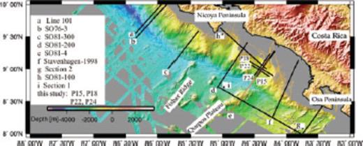 Location map of seismic wide-angle profiles offshore of Costa Rica with seafloor bathymetry illuminated from the NE. The positions of wide-angle profiles SO76-3, SO81-100, SO81-200 and SO81-300 are from Ye et al. (1996). Section 1 and section 2 are after Walther (2003). Line 101 is after Christeson et al. (1999). Stavenhagen-1998 line is after Stavenhagen et al. (1998). P15, P18, P22 and P24 profiles are from this study. SO81-4 (red line) used in this study is a MCS line coincident with our wide-angle profile 15.